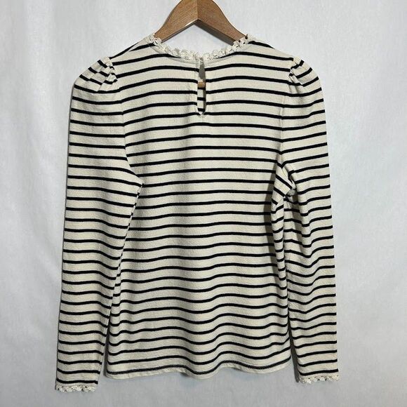 BODEN Crochet Trim Collar Long Sleeve Top US 6 Cream Navy Blue Striped Cotton - Picture 3 of 10